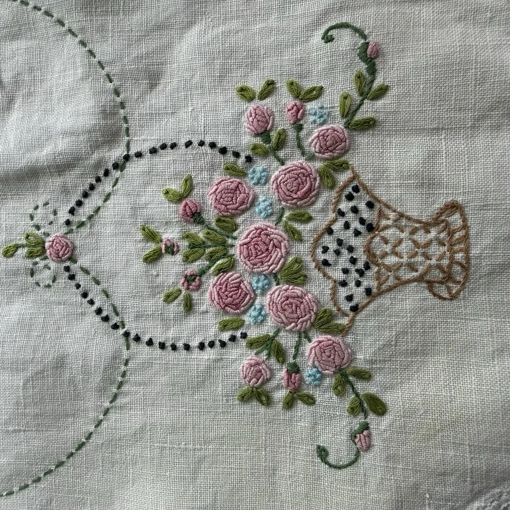 Vtg Embroidered Crochet Dresser Scarf Table Runner Flower Basket 39